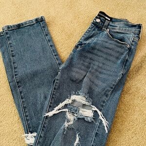 Distressed high waisted boot cut jeans